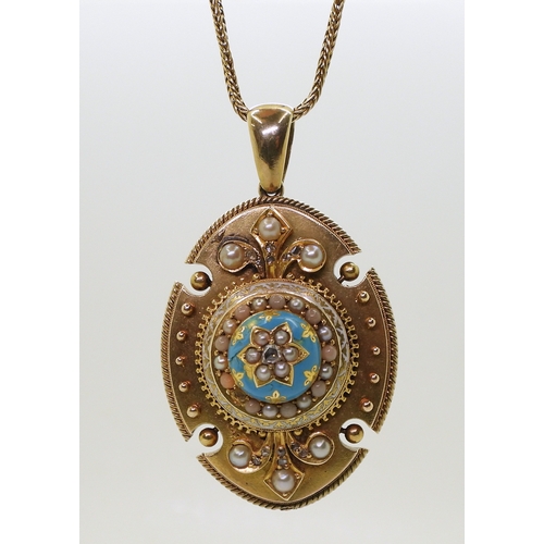 2819 - A VICTORIAN PENDANTthe locket back pendant in bright yellow metal, has turquoise and white enamel de... 