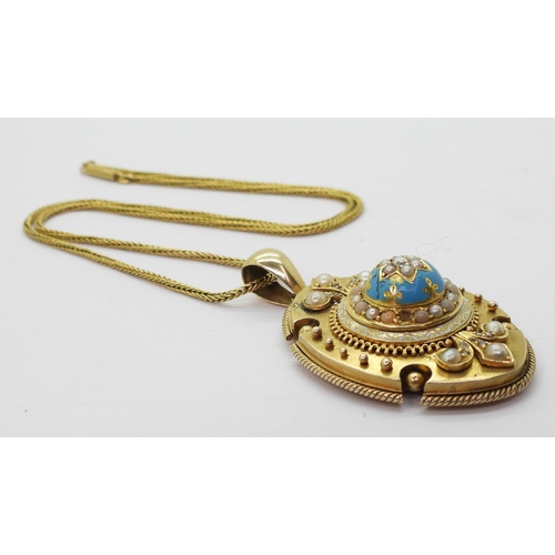 2819 - A VICTORIAN PENDANTthe locket back pendant in bright yellow metal, has turquoise and white enamel de... 