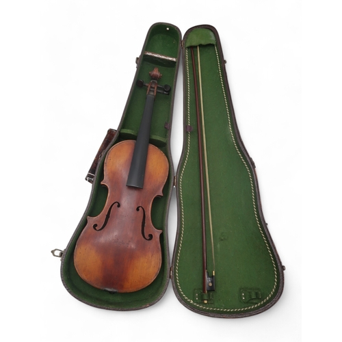 2642D - VIOLIN & BOWA two piece back violin 33 cm together with a brass and mother of pearl mounted bow ... 