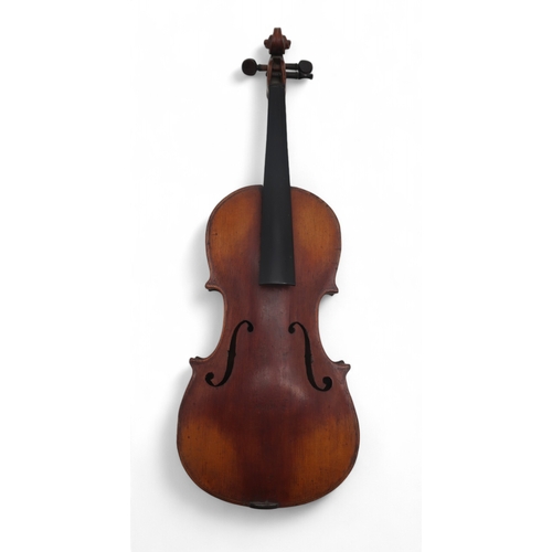 2642D - VIOLIN & BOWA two piece back violin 33 cm together with a brass and mother of pearl mounted bow ... 