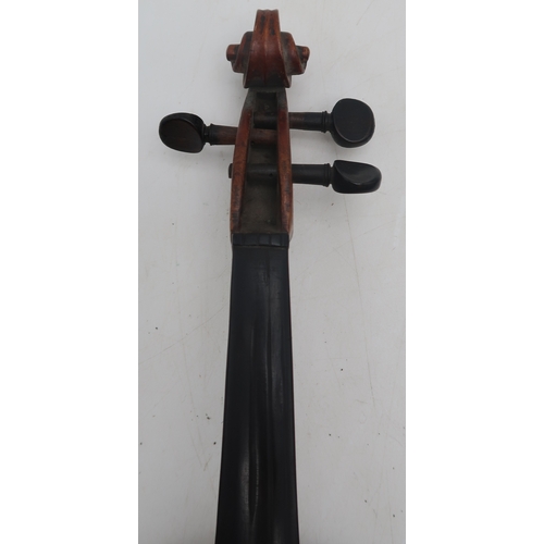 2642D - VIOLIN & BOWA two piece back violin 33 cm together with a brass and mother of pearl mounted bow ... 