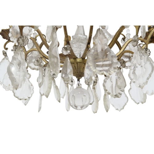 2058 - AN ARTS AND CRAFTS CHANDELIER with stylized brass ring with rectangular glass pendants, 61cm drop x ... 