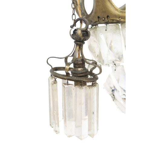 2058 - AN ARTS AND CRAFTS CHANDELIER with stylized brass ring with rectangular glass pendants, 61cm drop x ... 