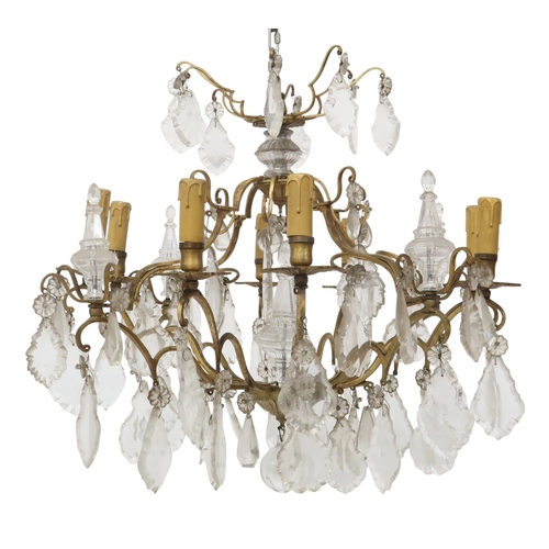 2058 - AN ARTS AND CRAFTS CHANDELIER with stylized brass ring with rectangular glass pendants, 61cm drop x ... 