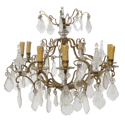 2058 - AN ARTS AND CRAFTS CHANDELIER with stylized brass ring with rectangular glass pendants, 61cm drop x ... 