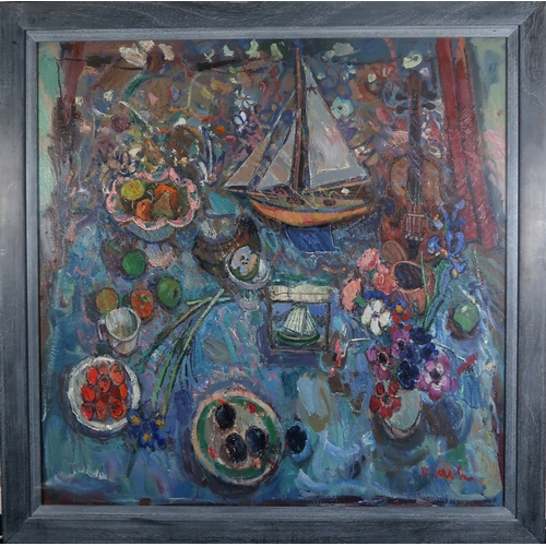 3031 - DONALD MANSON (SCOTTISH B.1948)STILL LIFE WITH FLOWERS, FRUIT, YACHT AND VIOLINOil on board, signed ... 