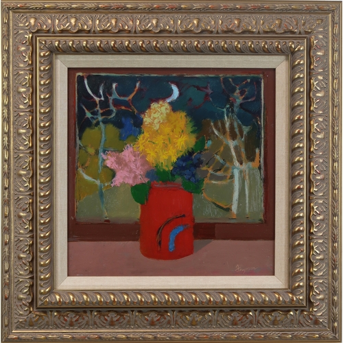 3034 - † DANNY FERGUSON RSW RGI (SCOTTISH 1930-1993)FLOWERS IN A RED POTOil on board, signed lower right, 2... 