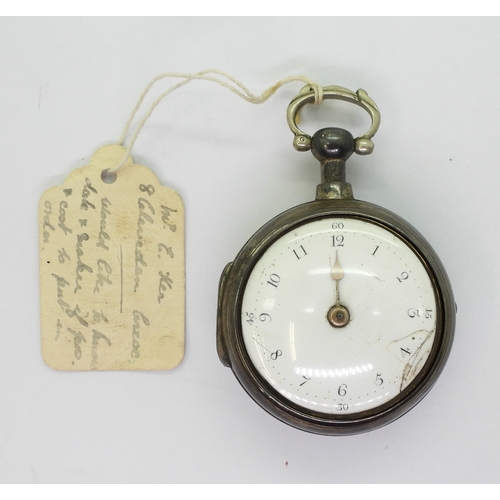 2885 - A PAIR CASED POCKET WATCHin gilded white metal, with white enamelled dial with Arabic numerals and g... 