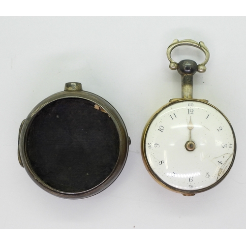 2885 - A PAIR CASED POCKET WATCHin gilded white metal, with white enamelled dial with Arabic numerals and g... 