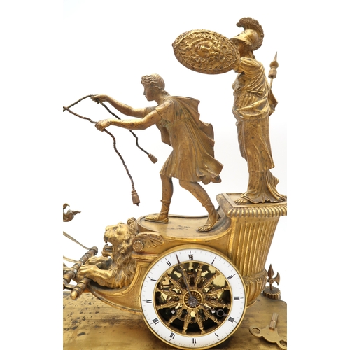 2282 - AN EARLY 19TH CENTURY FRENCH ORMOLU MANTEL CLOCKmodelled as Telemachus standing in a horse driven ch... 