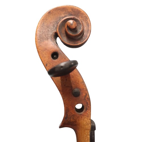 2642D - VIOLIN & BOWA two piece back violin 33 cm together with a brass and mother of pearl mounted bow ... 