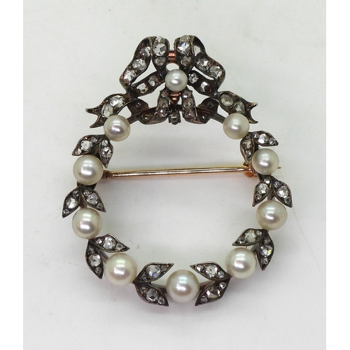 2820 - A 14K PEARL AND DIAMOND BROOCHwhich can also be worn as a pendant, set with whole graduated pearls, ... 