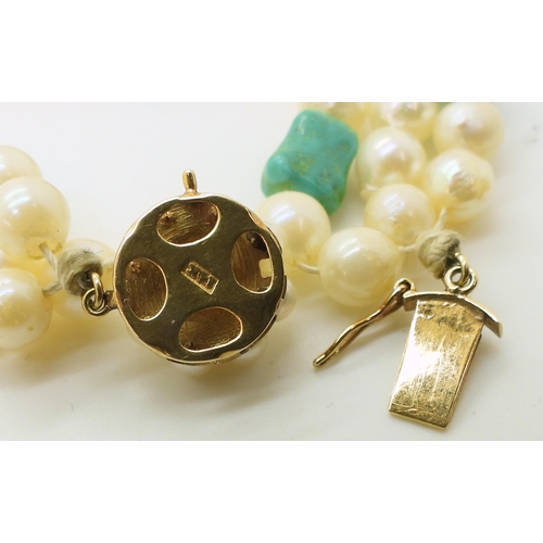 860A - A three strand cultured pearls and turquoise necklace, set with a 14k gold clasp, together with thre... 