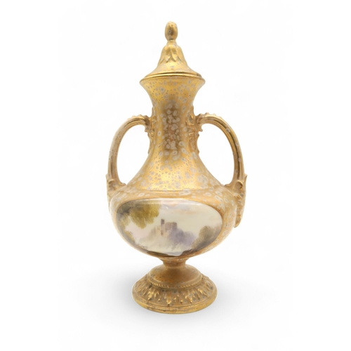 102 - A Royal Worcester twin handled urn and cover, painted with a castle on a rock, signed Rushton, shape... 