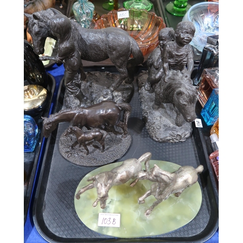 103B - Two Heredities models of children and ponies, a silvered spelter group of ponies on onyx base, and a... 