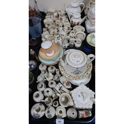 105 - A collection of crested china and other ceramics including a Goss City of London / Lewisham teapot, ... 