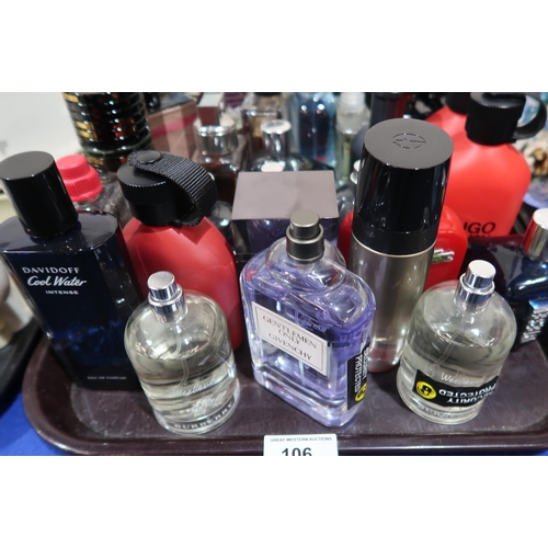 106 - A collection of mainly men's aftershave, mostly testers including Hugo Boss, Givenchy, Davidoff, Mic... 