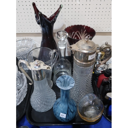 111 - A large EP mounted claret jug, another smaller and assorted other glass