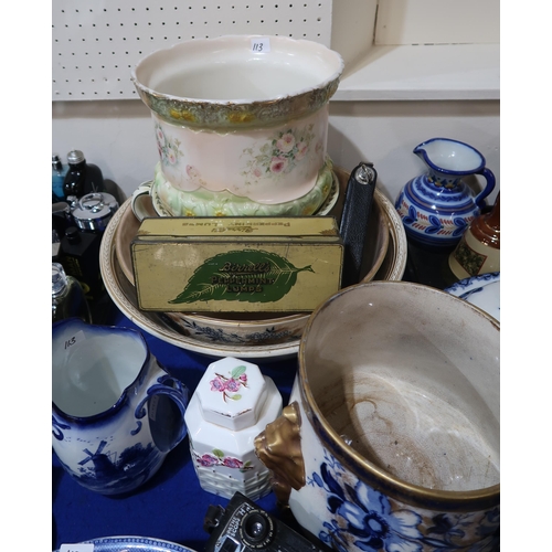 113 - A Nautilus pottery blue and white jardiniere with lions head handles, other transfer printed items i... 