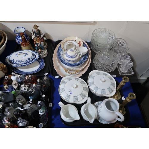 115 - Burleighware table wares, assorted platters, glass, a pair of brass candlesticks etc