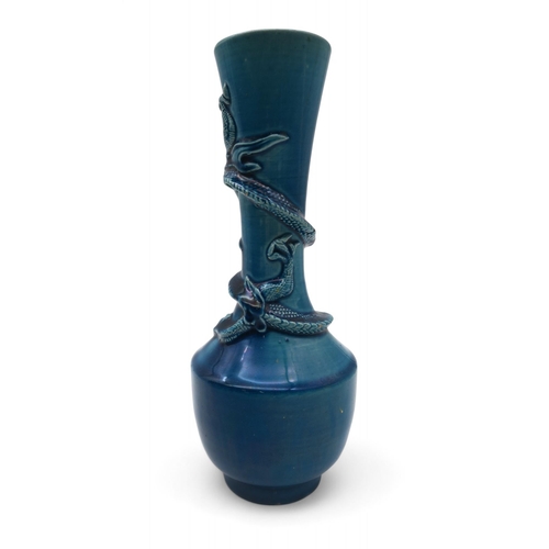 148 - A Japanese patinated metal jardiniere, together with a turquoise glazed vase, a dragon wrapped aroun... 