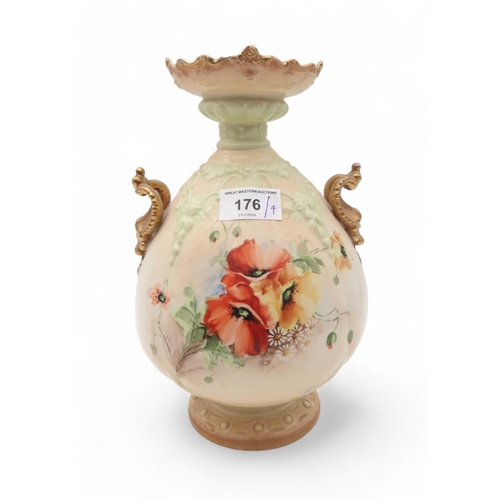 176 - A Coral Porcelain Co Prestonpans vase painted with Nautilus style poppies, together with a pair of N... 