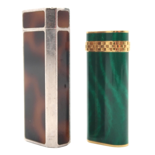 410 - A Cartier gold plated malachite lacquer cigarette lighter, dated 1989, serial no. A 11547; together ... 