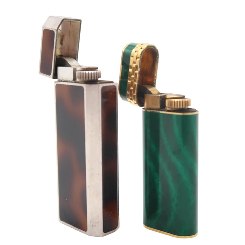 410 - A Cartier gold plated malachite lacquer cigarette lighter, dated 1989, serial no. A 11547; together ... 