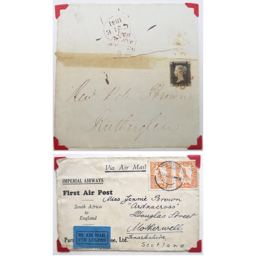 495 - A Penny Black on original letter, dated Jan 1841, a First Air Post air mail letter from South Africa... 