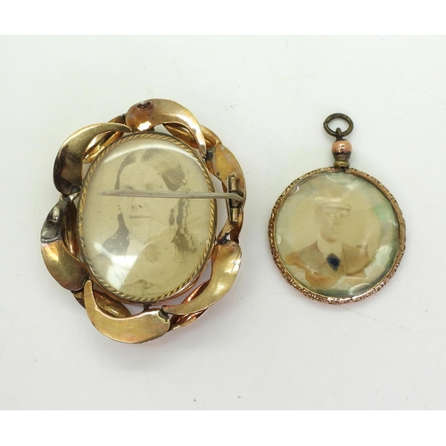 704 - A yellow metal double sided locket brooch, weight 19.9gms, and a gold plated example