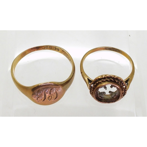 714 - A 9ct gold signet ring, size T1/2, and a 9ct ring shank missing its stone, size M, weight combined 5... 