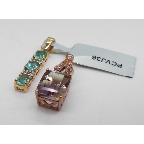 734 - A 9ct rose gold ametrine and clear gem set pendant, and 9ct apatite and clear gem set pendant. Weigh... 