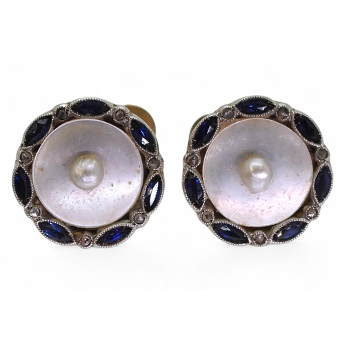 761 - A pair of 14k gold and platinum rose cut diamond blue gem, pearl and mother of pearl screw back earr... 