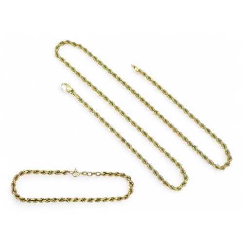 762 - A 9ct gold 50cm long rope chain with matching bracelet, weight together 7gms