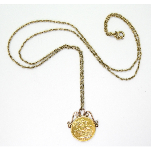 785 - A 1905 gold full sovereign, with yellow metal soldered on pendant mount with a gold plated chain, we... 