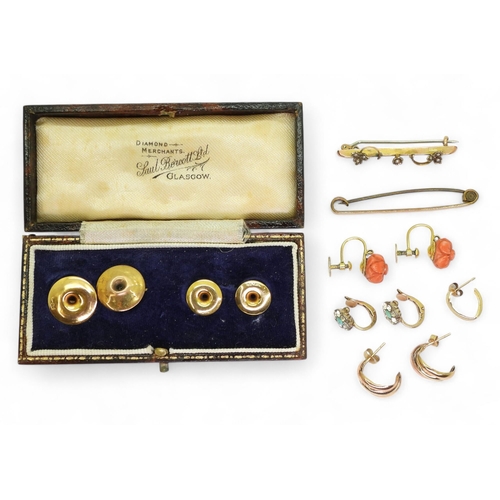 789 - A pair of 14k gold coral flower earrings, weight 2.8gms, a 9ct brooch, four 9ct shirt studs, and a c... 