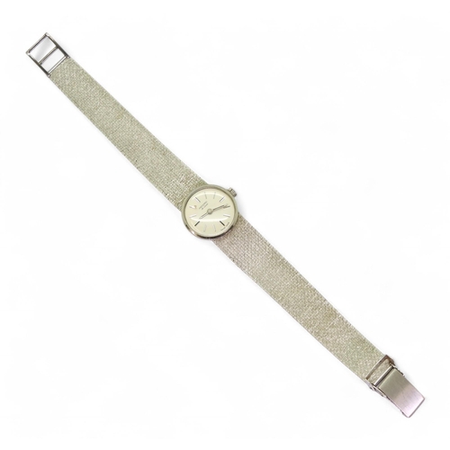 794 - A 9ct white gold ladies Record De Luxe, with integral woven strap, weight including mechanism 32.2gm... 