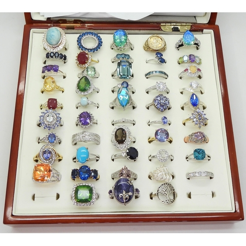 855 - Collection of silver gem-set rings, including opal, aquamarine, peridot, mystique topaz, amethyst, a... 