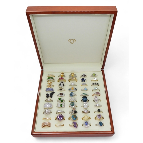 856 - Collection of silver gem-set rings, including sapphire cluster, citrine, CZ, opal, amethyst, and oth... 