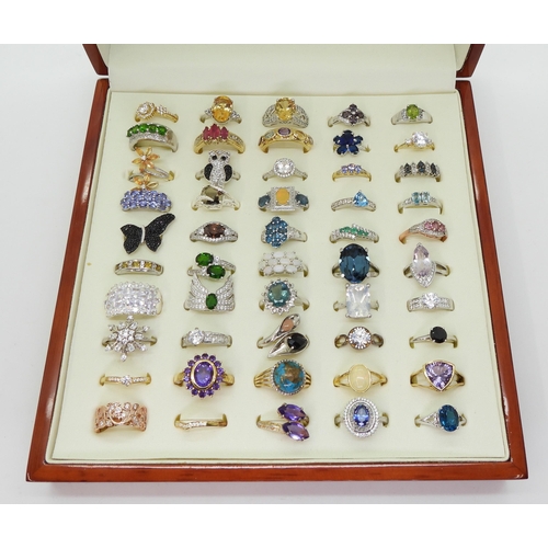 856 - Collection of silver gem-set rings, including sapphire cluster, citrine, CZ, opal, amethyst, and oth... 