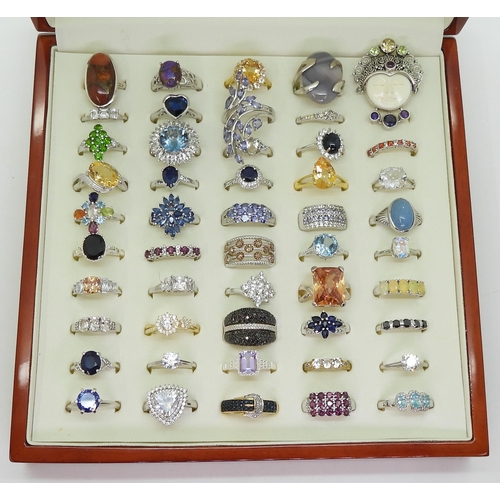 857 - Collection of silver gem-set rings, including star sapphire (af), opal, mermaid topaz, a well-carved... 