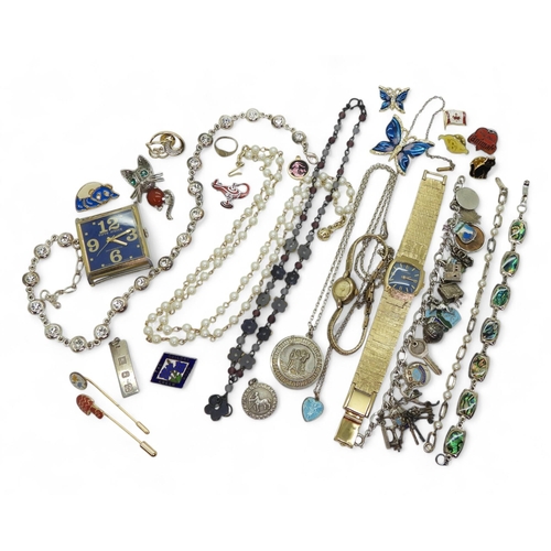 862 - Collection of costume jewellery, including a blue dial Splendex ladies watch, a silver and white met... 