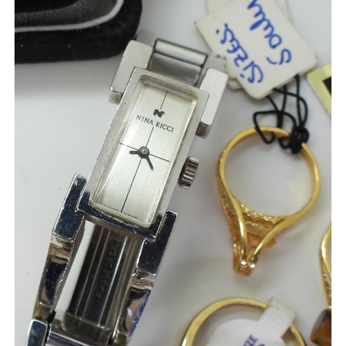 868 - A ladies watch marked Nina Ricci, together with a silver mounted moonstone ring and a collection of ... 