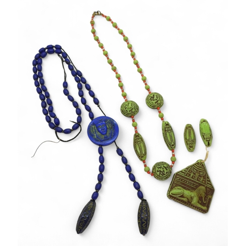 872 - Two Egyptian-themed beaded necklaces made by Max Neiger (af), one blue and one green, together with ... 