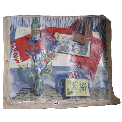 1007 - SCOTTISH CONTEMPORARY SCHOOL STILL LIFE WITH FLOWER, BOOKS AND METRONOME Oil on canvas, si... 