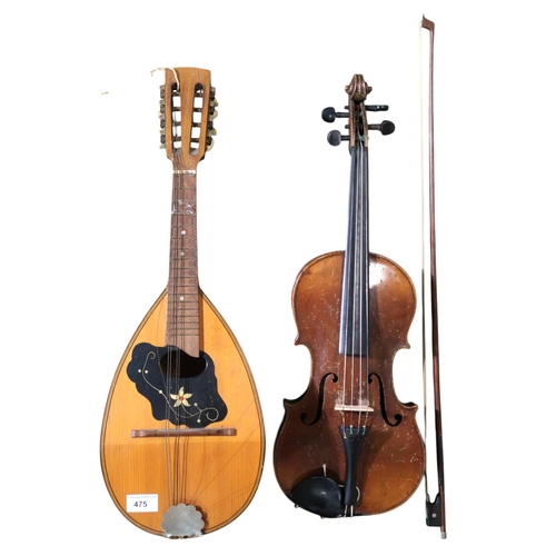 475 - A two piece back Violin, 37cm, with bow and fitted wooden case, and a bowl back mandolin 