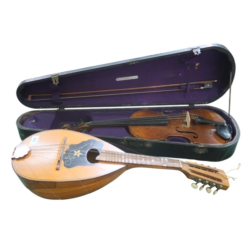 475 - A two piece back Violin, 37cm, with bow and fitted wooden case, and a bowl back mandolin 