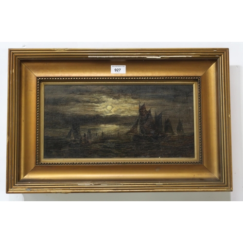 927 - 20th CENTURY SCHOOL BOATS AT MOONLIGHT Oil on canvas, 19 x 38cm... 