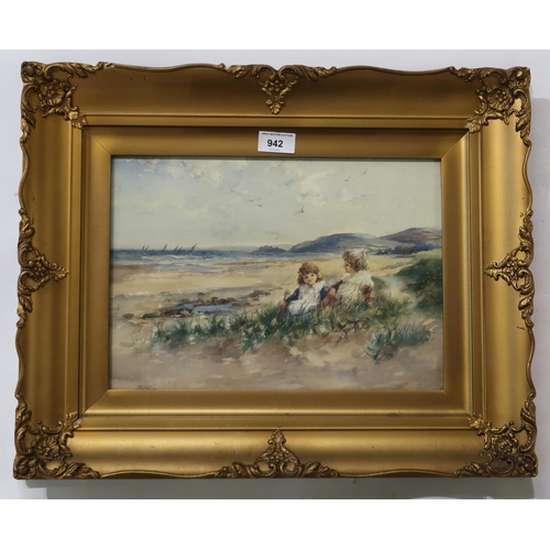 942 - TOM PATERSON (19th CENTURY SCHOOL) GIRLS PLAYING AT THE BEACH Watercolour, signed lower le... 