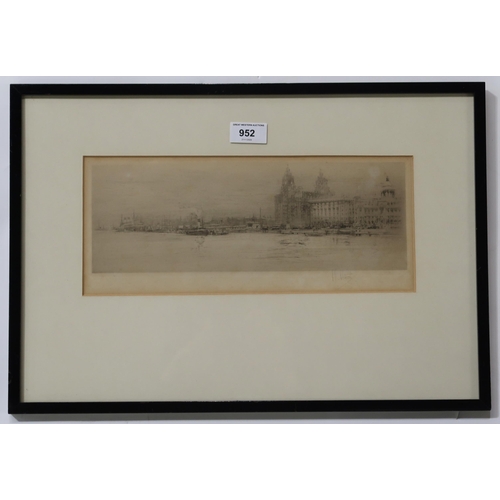 952 - WILLIAM WALCOT RBA RE (BRITISH 1874-1943) THE MERSEY Etching, signed lower right, 14 x 34c... 